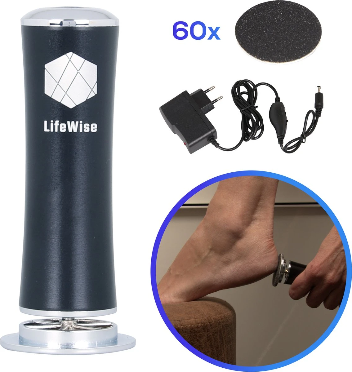 LifeWise Elektrische Eelt Verwijderaar - Voetvijl - 60 Vervangbare Schuurpads - Netstroom Adapter 1 LifeWise Elektrische Eelt Verwijderaar - Voetvijl - 60 Vervangbare Schuurpads - Netstroom Adapter