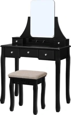 Merkloos Kaptafel, Kaptafel Met Grote Spiegel Zonder Frame, Toilettafel, Kaptafel, Voor Make-up, Gewatteerde Kruk, 5 Laden, Verplaatsbare Opbergdoos, Zwart RDT25BK -Modecosmetica 747x1200