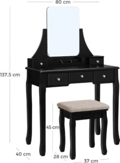 Merkloos Kaptafel, Kaptafel Met Grote Spiegel Zonder Frame, Toilettafel, Kaptafel, Voor Make-up, Gewatteerde Kruk, 5 Laden, Verplaatsbare Opbergdoos, Zwart RDT25BK -Modecosmetica 888x1200